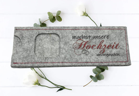 Gastgeschenk Hochzeit ohne Inhalt – Filzhülle mit aufgedrucktem Spruch für romantische Tischdekoration