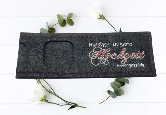 Dekorative Filzverpackung für Hochzeitsgäste mit der Aufschrift „machst unsere Hochzeit unvergesslich“