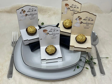 Gastgeschenke Kommunion personalisiert Halter Holz für Schokokugel, Gastgeschenk Taufe, Gastgeschenke Konfirmation, Tisch Deko Gäste Fadensalat-shop