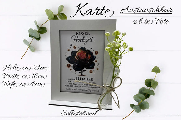 Silberner Bilderrahmen mit Rosenmotiv und Geldröhrchen – Geschenk zum Ehejubiläum