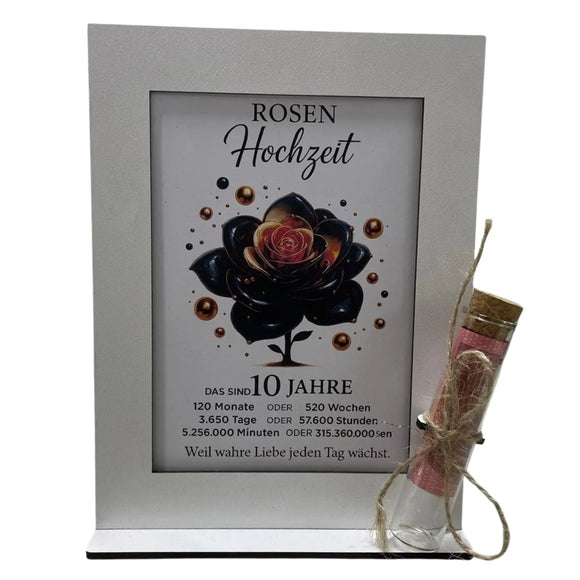 Rosenhochzeit 10 Jahre – stilvolles Geldgeschenk mit Glasröhrchen und Karte im Rahmen
