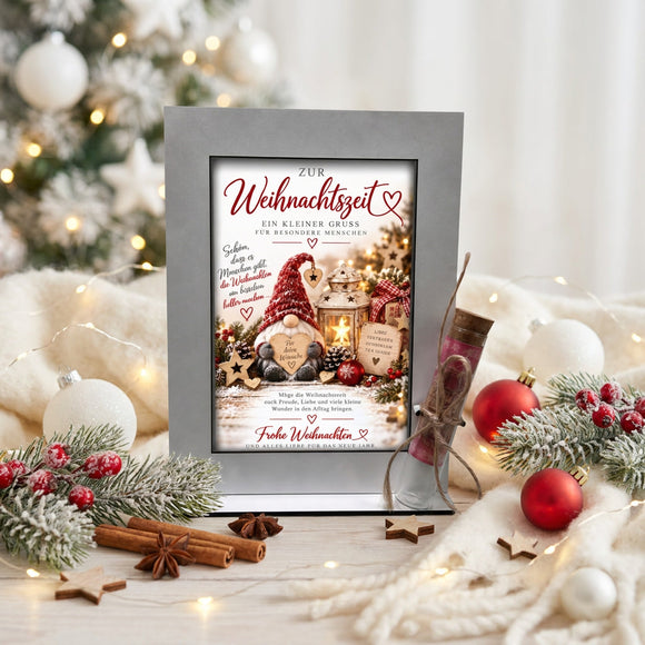 Weihnachtsgeschenk für besondere Menschen mit Wichtelmotiv und Geldröhrchen mit Korken