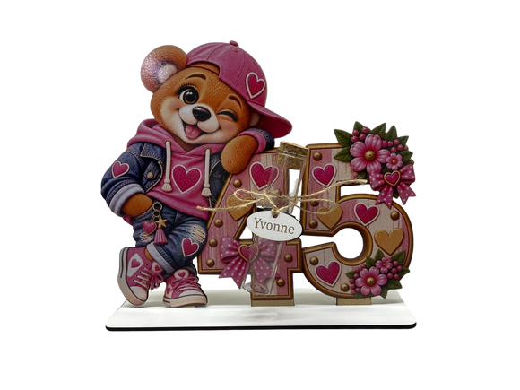 Geldgeschenk 45 Frau mit Glasröhrchen Bärenmotiv und pinken Blumen