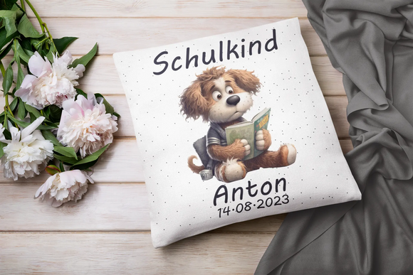 Geschenk zur Einschulung – süßer Hund mit Schulbuch