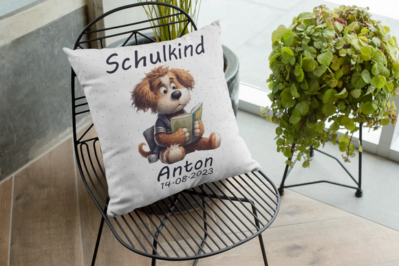 Kissen zur Einschulung mit niedlichem Hundemotiv