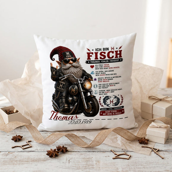Fische Mann Geschenk mit coolem Biker Gnom und Motorrad auf personalisiertem Kissen zum Geburtstag