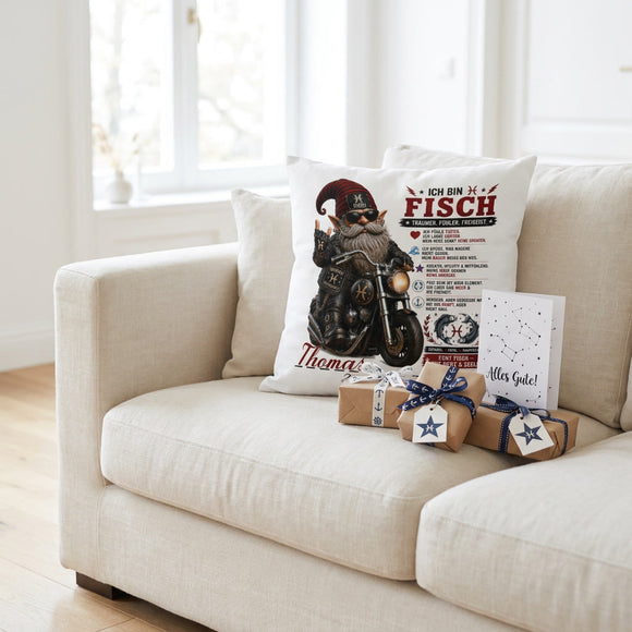 Fische Mann Geschenk mit coolem Biker Gnom und Motorrad