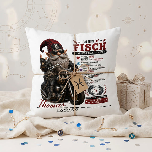 Kissen Sternzeichen Fische für Männer mit Biker Gnom, typischen Fische Eigenschaften und Personalisierung