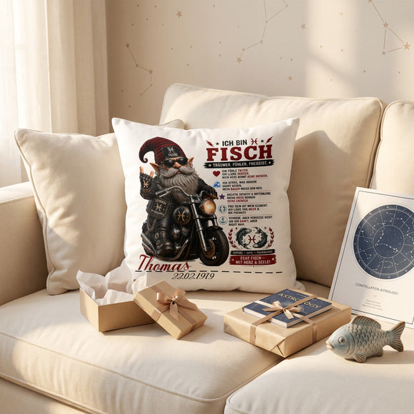 Personalisiertes Geschenk für Fische Geborene – Männer Kissen mit Motorrad Motiv, Name und Geburtsdatum