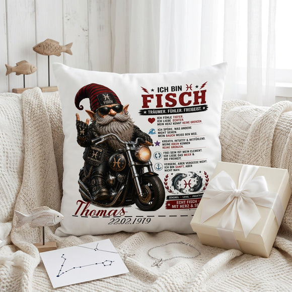 Geschenk Sternzeichen Fische Mann – individuelles 40 x 40 cm Kissen mit Biker Motiv und Personalisierung