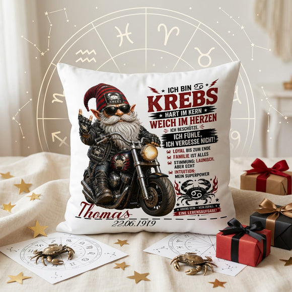 Geschenk Sternzeichen Krebs – personalisiertes Kissen für Männer mit Biker Gnom, Motorrad, Name und Geburtsdatum