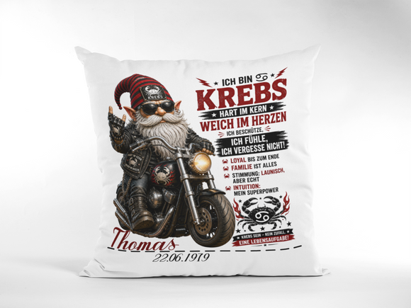 Krebs Mann Geschenk mit coolem Biker Gnom und Motorrad auf personalisiertem Kissen zum Geburtstag