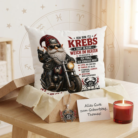 Personalisiertes Geschenk für Krebs Geborene – Männer Kissen mit Motorrad Motiv, Name und Geburtsdatum