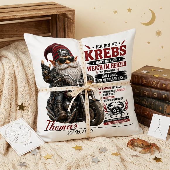 Geschenk Sternzeichen Krebs Mann – individuelles 40 x 40 cm Kissen mit Biker Motiv und Personalisierung