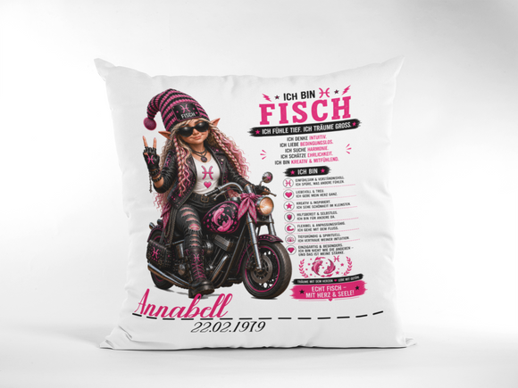 Geschenk für Fische Frau – individuelles Sternzeichen Kissen mit Name, Geburtsdatum und Biker Motiv