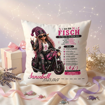 Geschenk Sternzeichen Fische Frau – personalisiertes Kissen mit Bikerin, Motorrad, Name und Geburtsdatum
