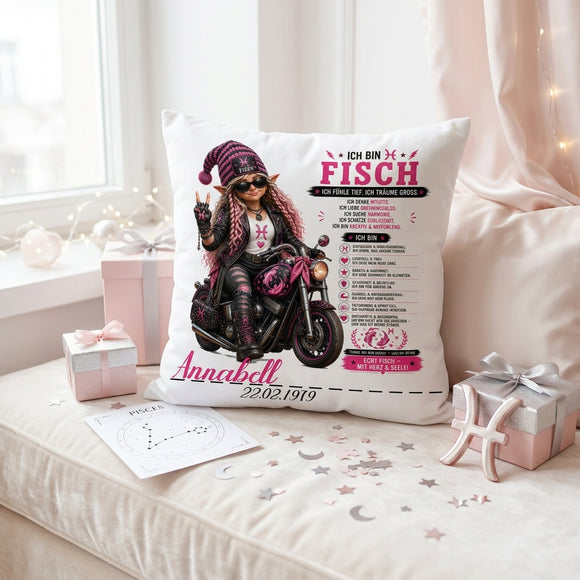Personalisiertes Kissen Sternzeichen Fische für Frauen mit Wunschname und Geburtsdatum im pinken Biker Design