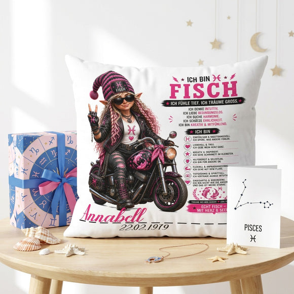Geschenk Sternzeichen Fische Frau – personalisiertes 40 x 40 cm Kissen für Bikerinnen und Motorradfans