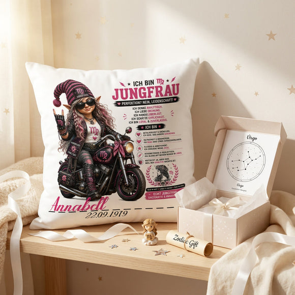 Jungfrau Frau Geschenk mit cooler Bikerin und Motorrad auf personalisiertem Kissen zum Geburtstag