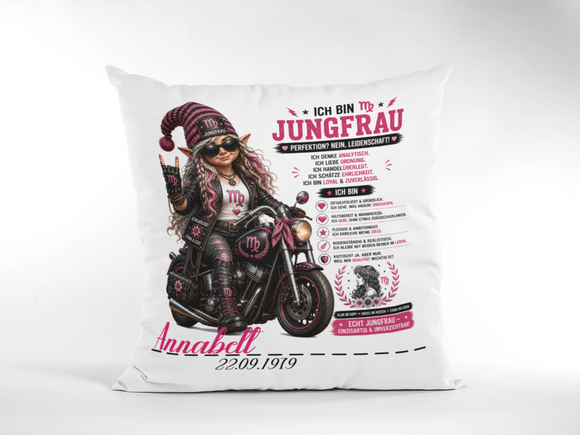 Geschenk für Jungfrau Frau – individuelles Sternzeichen Kissen mit Name, Geburtsdatum und Biker Motiv
