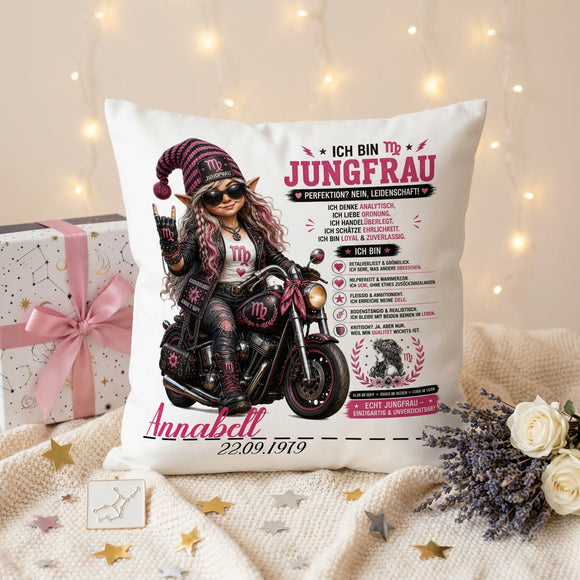 Geschenk Sternzeichen Jungfrau Frau – personalisiertes Kissen mit Bikerin, Motorrad, Name und Geburtsdatum