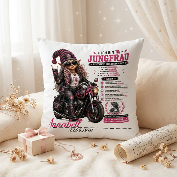 Geschenk Sternzeichen Jungfrau Frau – personalisiertes 40 x 40 cm Kissen für Bikerinnen und Motorradfans