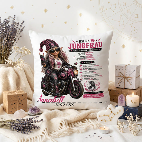 Personalisiertes Kissen Sternzeichen Jungfrau für Frauen mit Wunschname und Geburtsdatum im pinken Biker Design