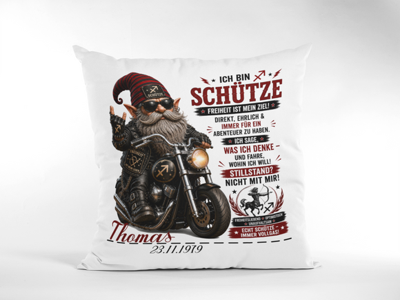 Geburtstagsgeschenk für Männer Sternzeichen Schütze – personalisiertes Kissen mit Motorrad Gnom und Namen