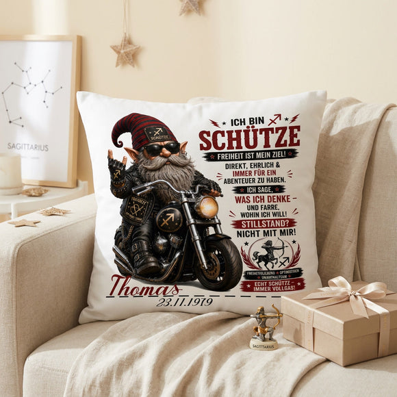 Kissen Sternzeichen Schütze für Männer mit Biker Gnom, typischen Schütze Eigenschaften und Personalisierung