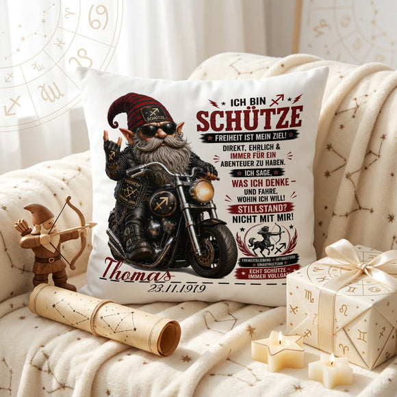Schütze Mann Geschenk mit coolem Biker Gnom und Motorrad auf personalisiertem Kissen zum Geburtstag