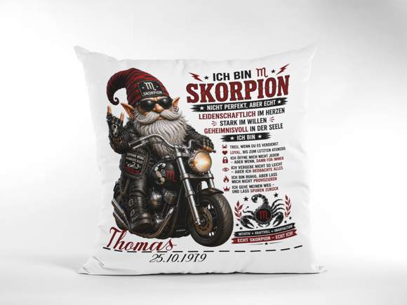 Geschenk für Skorpion Mann – individuelles Sternzeichen Kissen mit Wunschname, Geburtsdatum und Biker Motiv