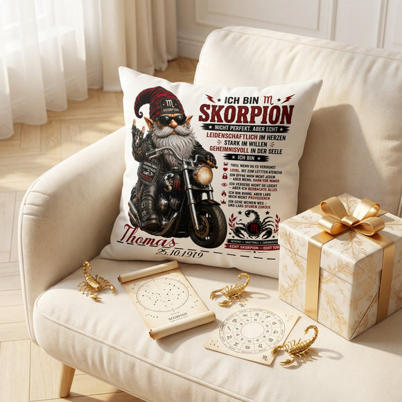 Geburtstagsgeschenk für Männer Sternzeichen Skorpion – personalisiertes Kissen mit Motorrad Gnom und Namen