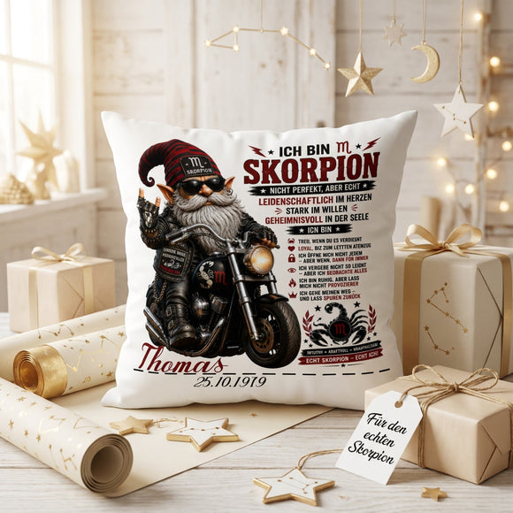 Kissen Sternzeichen Skorpion für Männer mit Biker Gnom, Skorpion Motiv, typischen Eigenschaften und Personalisierung