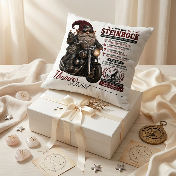 Geschenk für Steinbock Mann – individuelles Sternzeichen Kissen mit Wunschname, Geburtsdatum und Biker Motiv
