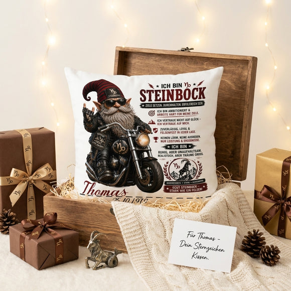 Personalisiertes Geschenk für Steinbock Geborene – Männer Kissen mit Motorrad Motiv, Name und Geburtsdatum