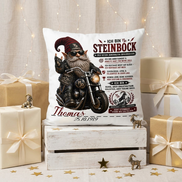Geschenk Sternzeichen Steinbock Mann – individuelles 40 x 40 cm Kissen mit Biker Motiv und Personalisierung
