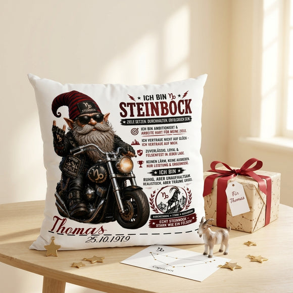 Steinbock Mann Geschenk mit coolem Biker Gnom und Motorrad auf personalisiertem Kissen zum Geburtstag