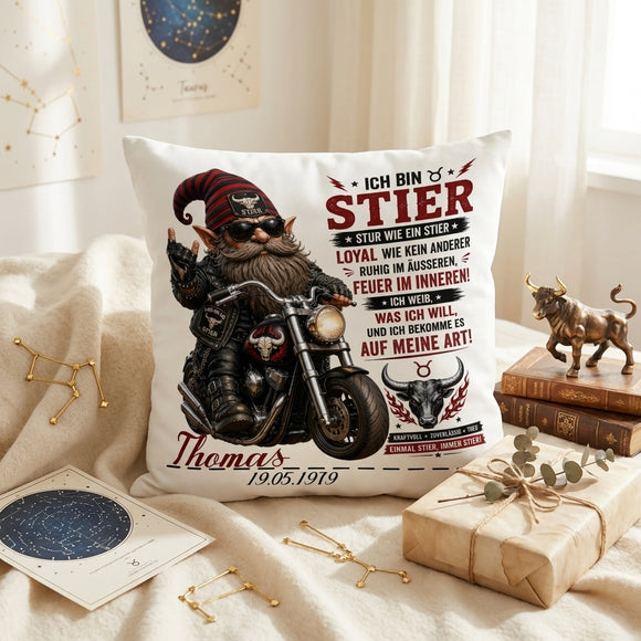 Geschenk für Stier Mann – individuelles Sternzeichen Kissen mit Wunschname, Geburtsdatum und Biker Motiv