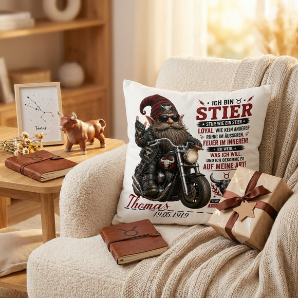 Sternzeichen Stier Geschenk für Papa, Opa oder Partner – personalisiertes Kissen mit Name und Geburtsdatum