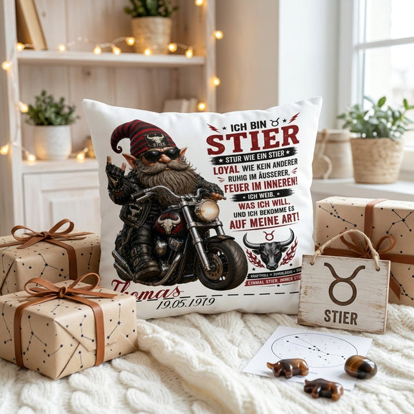 Kissen Sternzeichen Stier für Männer mit Biker Gnom, Stier Motiv, typischen Eigenschaften und Personalisierung
