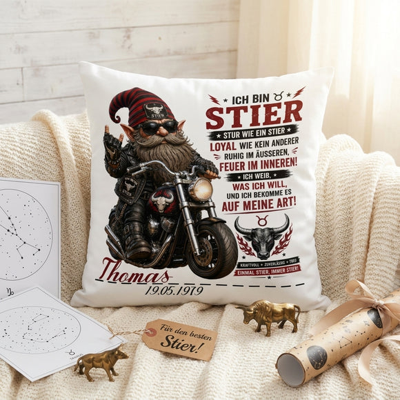 Personalisiertes Geschenk für Stier Geborene – Männer Kissen mit Motorrad Motiv, Name und Geburtsdatum