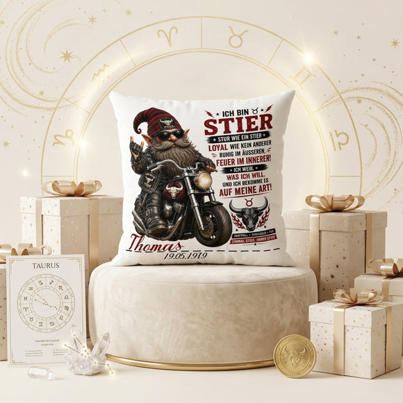Geschenk Sternzeichen Stier Mann – individuelles 40 x 40 cm Kissen mit Biker Motiv und Personalisierung