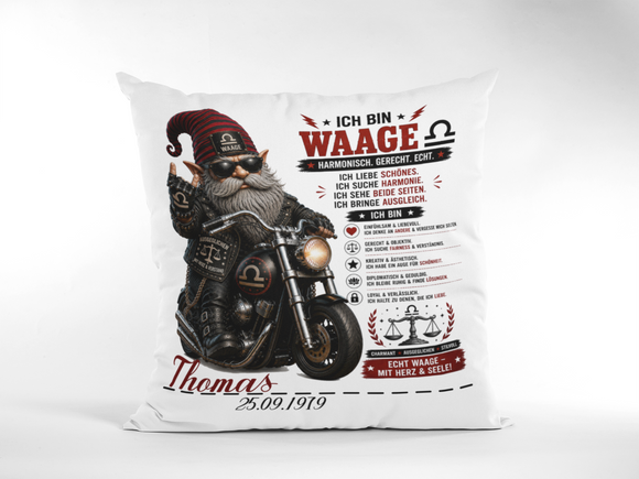 Geschenk für Waage Mann – individuelles Sternzeichen Kissen mit Wunschname, Geburtsdatum und Biker Motiv