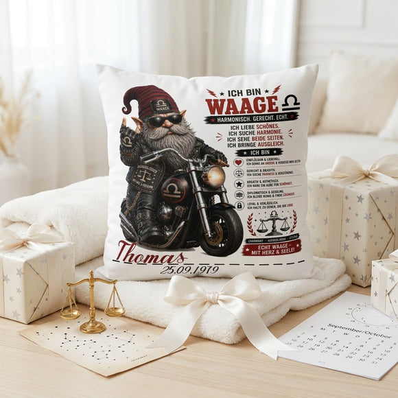 Kissen Sternzeichen Waage für Männer mit Biker Gnom, Waage Motiv, typischen Eigenschaften und Personalisierung