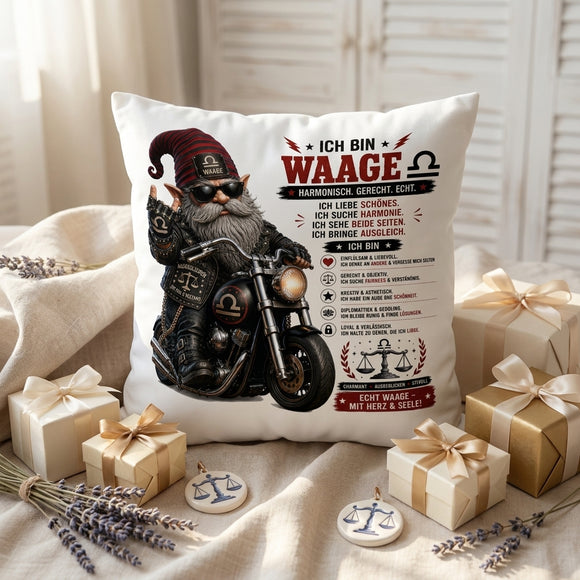 Geschenk Sternzeichen Waage – personalisiertes Kissen für Männer mit Biker Gnom, Motorrad, Name und Geburtsdatum