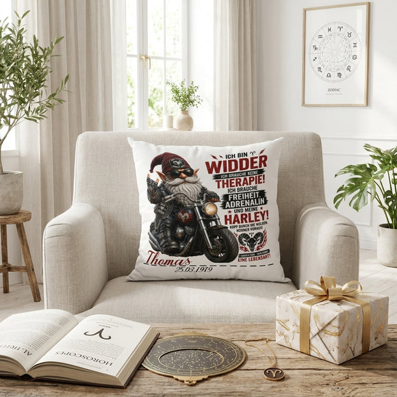 Geschenk für Widder Mann – individuelles Sternzeichen Kissen mit Wunschname, Geburtsdatum und Biker Motiv