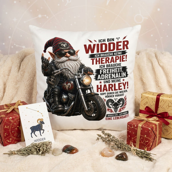 Widder Mann Geschenk mit coolem Biker Gnom und Motorrad auf personalisiertem Kissen zum Geburtstag