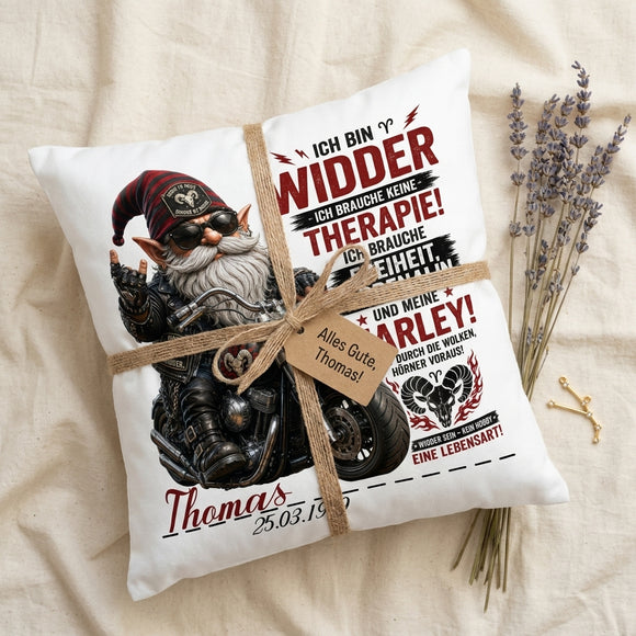 Geschenk Sternzeichen Widder Mann – personalisiertes 40 x 40 cm Kissen für Biker und Motorradfans