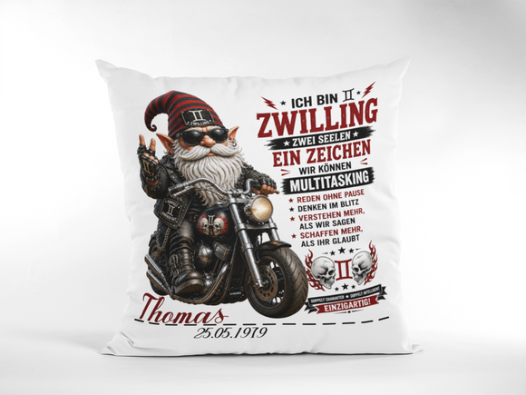 Geschenk für Zwilling Mann – individuelles Sternzeichen Kissen mit Wunschname, Geburtsdatum und Biker Motiv