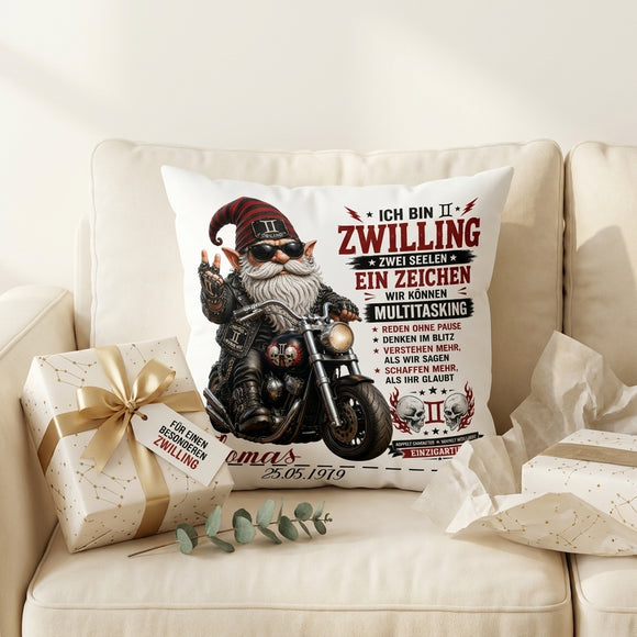 Biker Geschenk für Zwilling Mann – individuelles Männer Kissen mit Motorrad Motiv, Name und Geburtsdatum